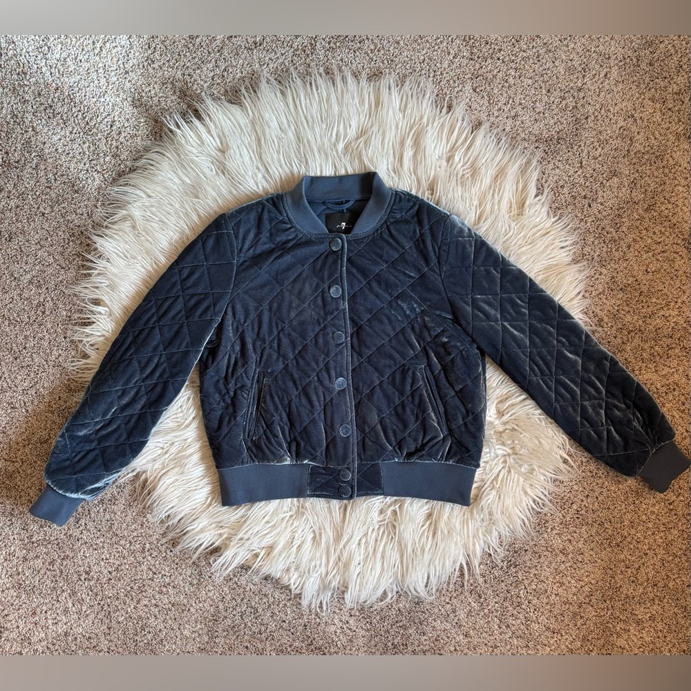 7 For All Mankind Blue Quilted Velvet Bomber Jacket Size M EUC - Picture 2 of 11